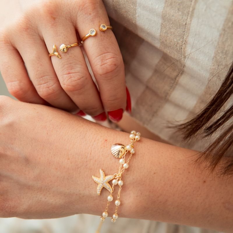 Anel fundo do mar regulável folheado a ouro 18k