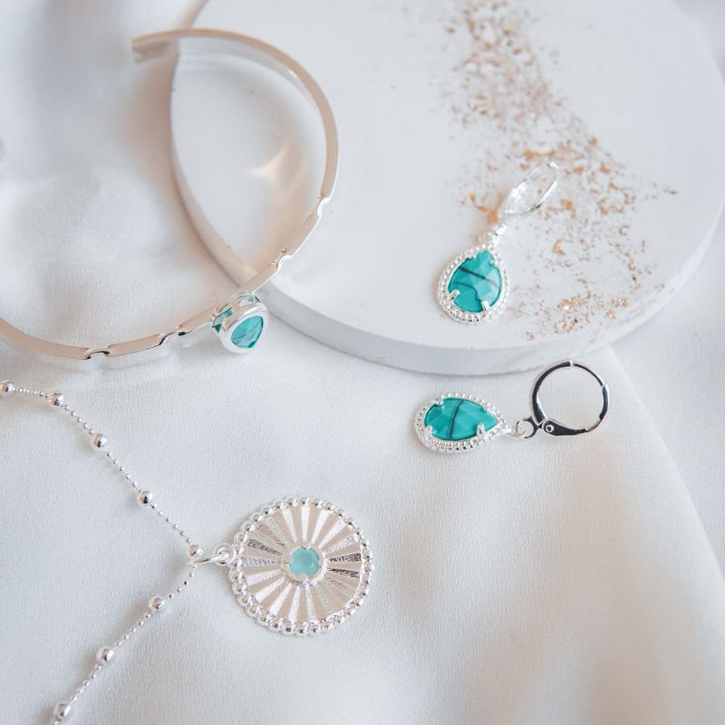Argola turquesa oval folheada a prata