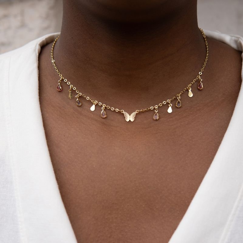 Choker de borboleta com zircônias coloridas folheada a ouro 18k