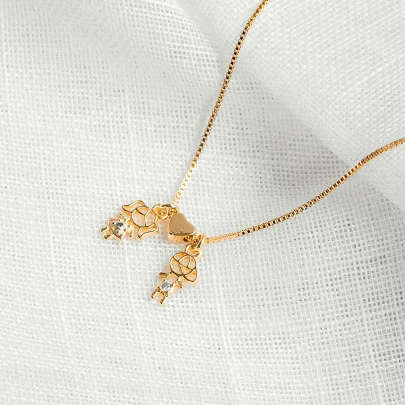 Colar casal de filhos com ponto de luz e coração folheado a ouro 18k