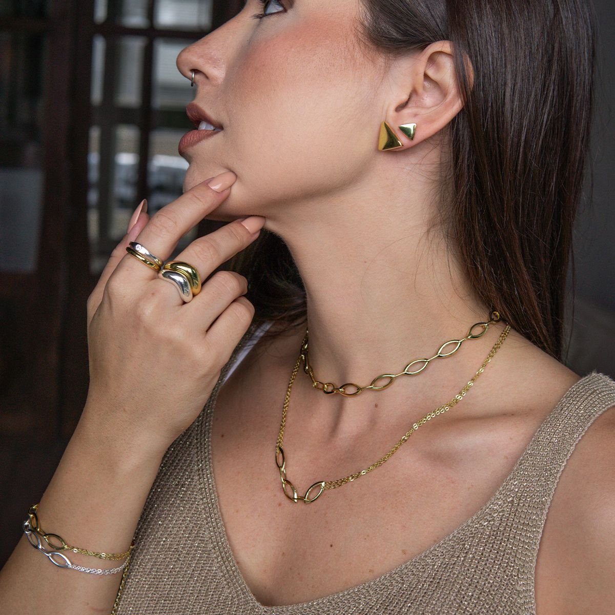 Colar de losangos com corrente dupla folheada a ouro 18k