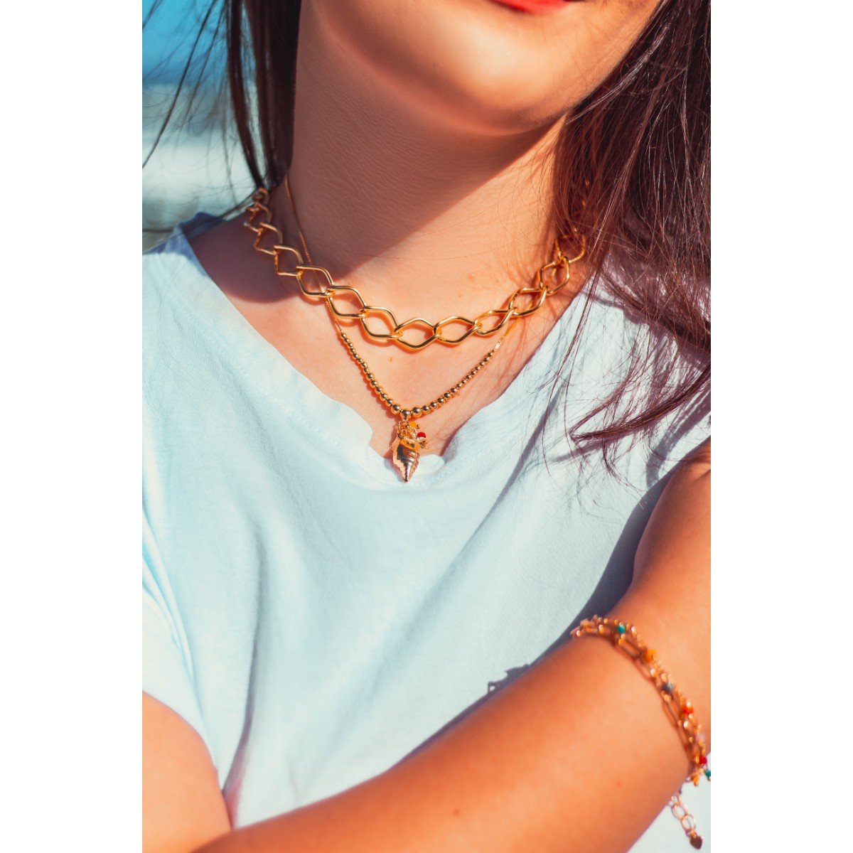 Colar Elos Groumet com Fios Longos folheado a ouro 18k