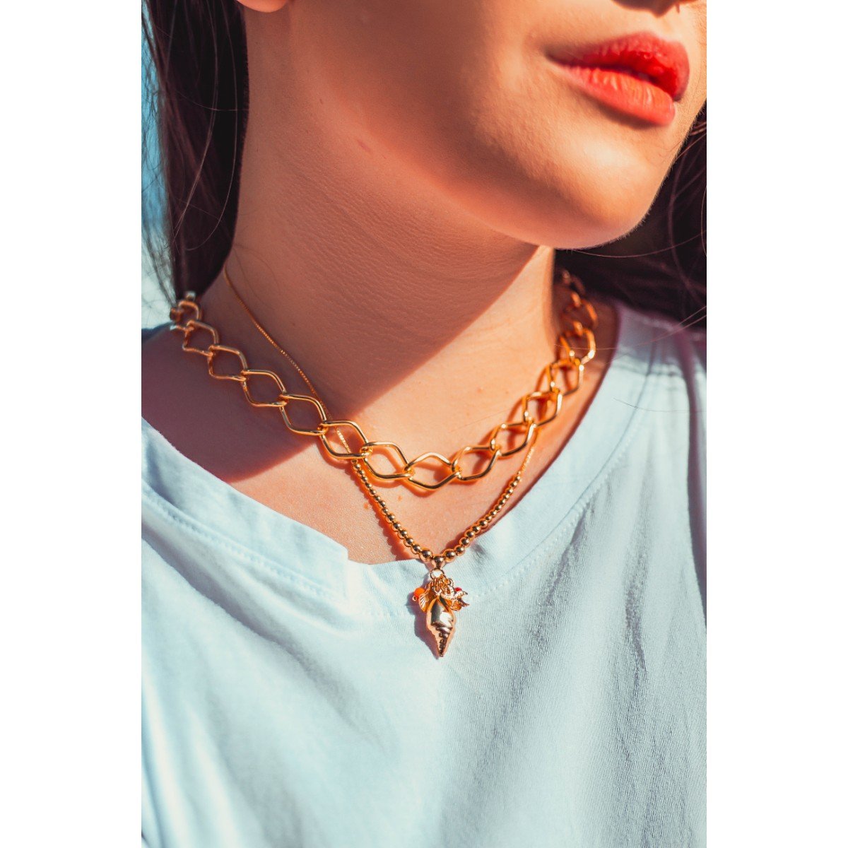 Colar Elos Groumet com Fios Longos folheado a ouro 18k