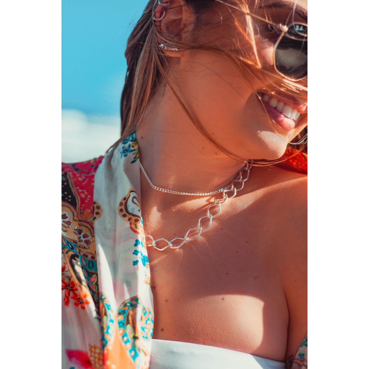 Colar Elos Groumet com Fios Longos folheado a prata