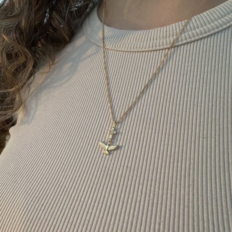 Colar Espírito Santo e Cruz folheado a ouro 18k