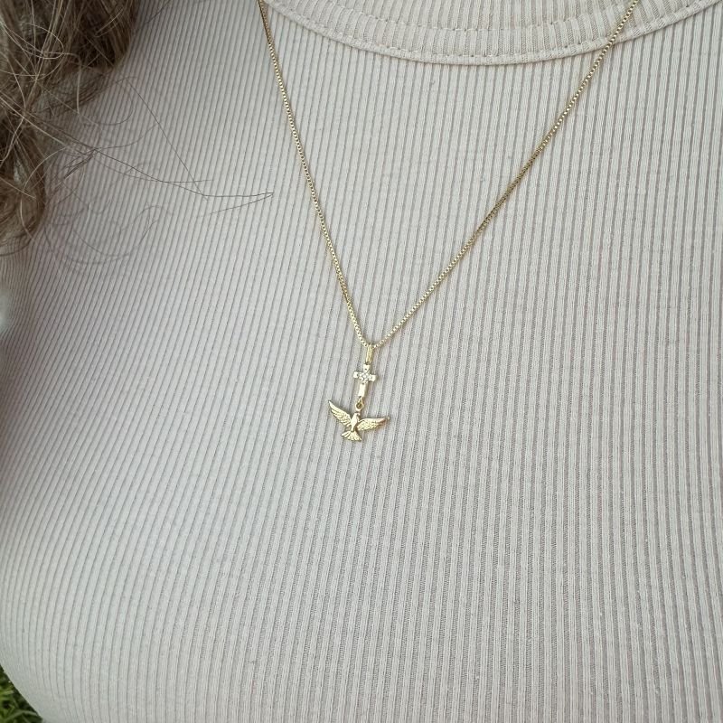 Colar Espírito Santo e Cruz folheado a ouro 18k