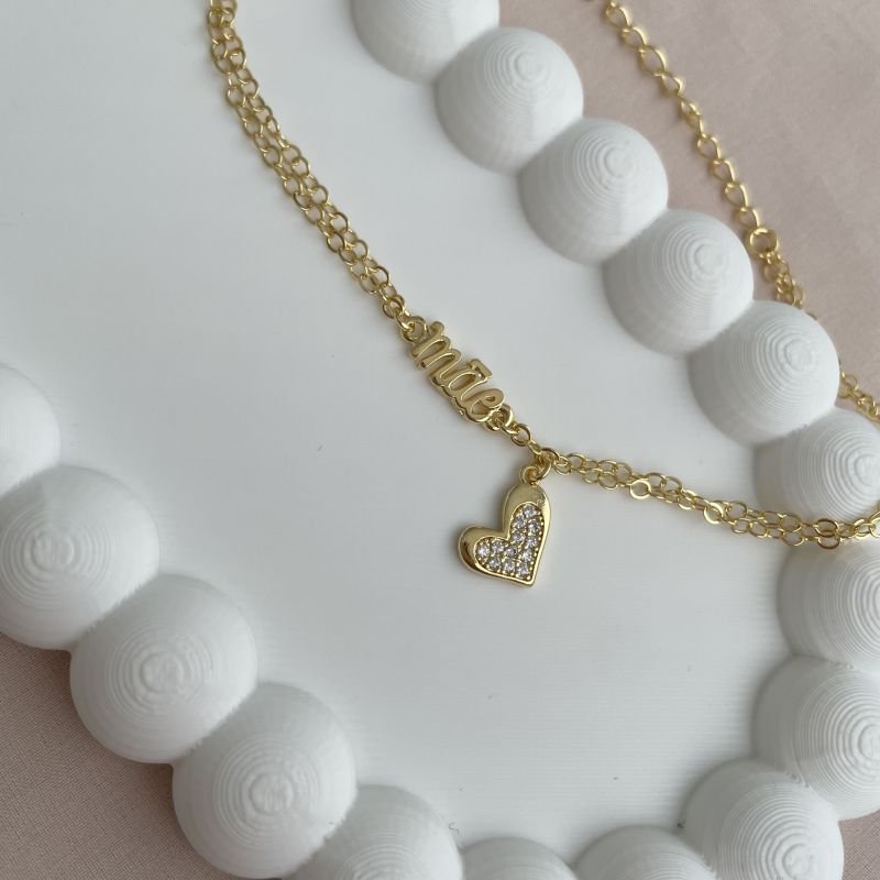 Pulseira dupla Mãe com pingente de coração cravejado em zircônia folheado a ouro 18k